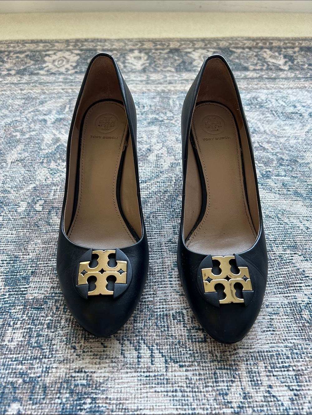 Tory Burch Black Leather Wedges with Gold Logo Accent